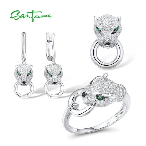 SANTUZZA Panther ensembles de bijoux pour les femmes personnalité Unique anneau boucles d'oreilles ensemble de pendentif blanc CZ 925 en argent Sterling parure de bijoux ► Photo 1/6