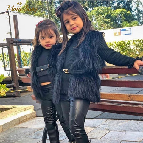 Mode bébé fausse fourrure gilet famille correspondant gilets Outwear hiver automne printemps mère fille fille fourrure gilet couleur unie ► Photo 1/6