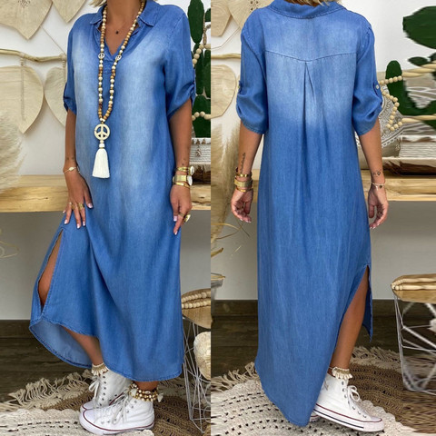 2022 mode coréenne grande taille Denim robe pour femmes robes d'été revers fendu Sexy longue dames jean robe 3xl Vestidos ► Photo 1/6