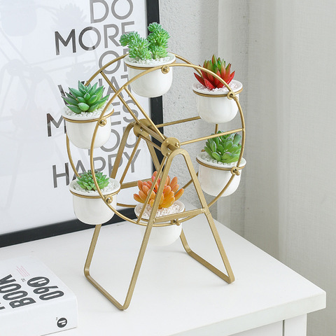 Pot de fleurs moderne sur roues, pot de plantes en céramique blanche avec support en métal rotatif pour la décoration de la maison ► Photo 1/6