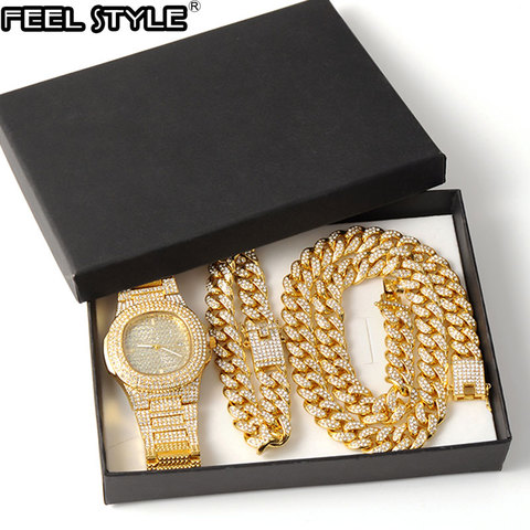 Collier en or + montre + Bracelet Hip Hop Miami gourmette chaîne cubaine or plein glacé pavé strass CZ Bling pour hommes bijoux ► Photo 1/6