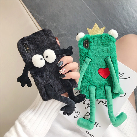 Mignon moelleux cheveux flous étui pour iphone X XS XR XS MAX 6 7 8 Plus 11 pro Max dessin animé grenouille chaud moelleux cheveux peluche coque souple couverture ► Photo 1/6