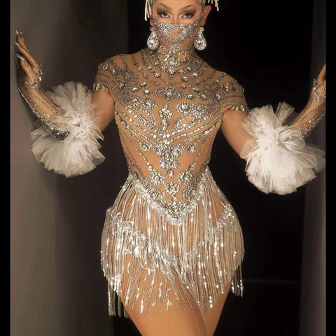 Brillant strass gland robe de danse gants Sexy maille Perspective cristal justaucorps chanteur danseur scène vêtements discothèque tenue ► Photo 1/6