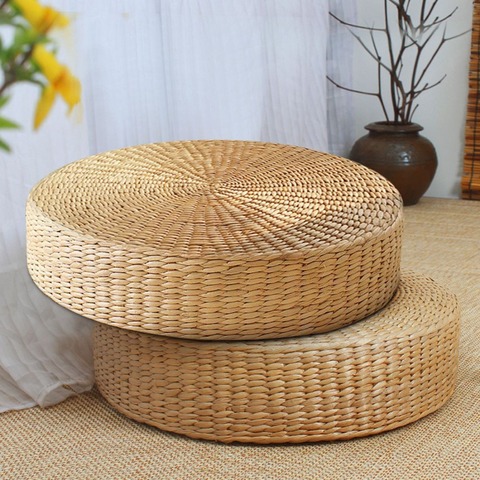 Coussin rond en paille naturelle de 40cm x 40cm, coussin de sol tissé à la main, avec ouate en soie, tendance ► Photo 1/5