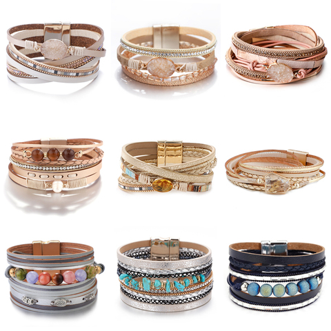 Amorcome bohème naturel pierre breloque en cuir Bracelets pour femme 2022 mode cristal multicouche Wrap Bracelet femme bijoux ► Photo 1/6