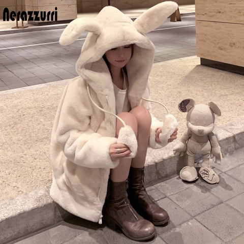 Nerazzurri printemps moelleux veste avec oreilles de lapin à manches raglan fermeture éclair surdimensionné lumière douce harajuku kawaii faux blouson à capuche en fourrure 2022 ► Photo 1/6