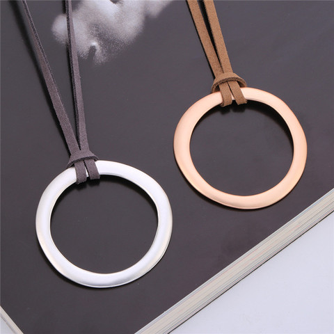 Collier Vintage avec pendentif en forme de grand cercle Simple pour hommes et femmes, chaîne longue en cuir, couleur argent, or Rose mat, Bijoux faits à la main ► Photo 1/6