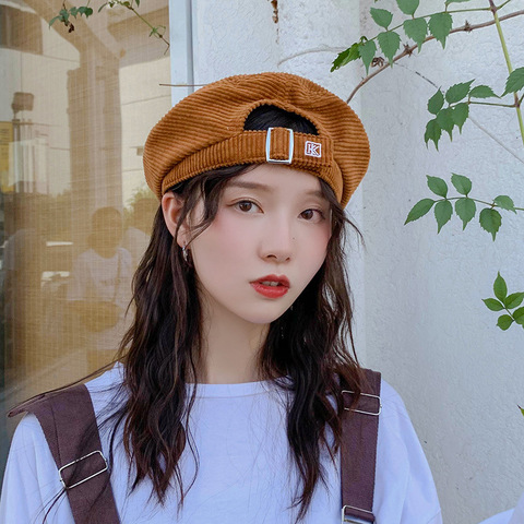 Chapeau Harajuku en velours côtelé pour femme et fille, béret de peintre Vintage, chapeau d'hiver et d'automne avec broderie, casquette octogonale en laine K ajustable ► Photo 1/6