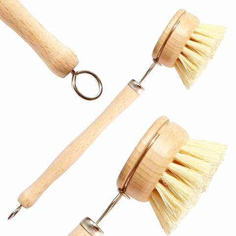 Brosse de nettoyage en Sisal et chanvre à base de plantes, manche Long en bois, brosse de balayage des légumes, tête de rechange, brosses de cuisine biodégradables ► Photo 1/6