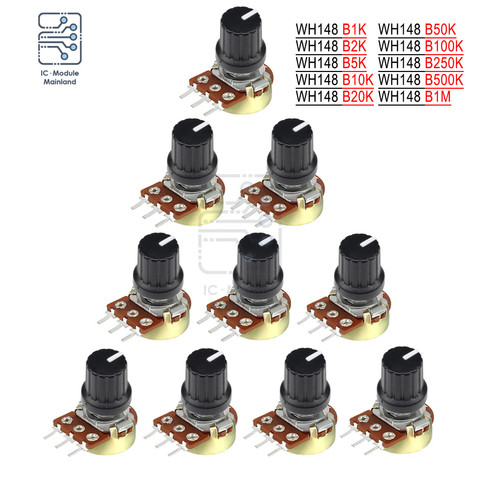 5 pièces potentiomètre résistance 1K 2K 5K 10K 20K 50K 100K 500K 1M Ohm 3 broches cône linéaire 15mm arbre potentiomètre rotatif pour Arduino ► Photo 1/6