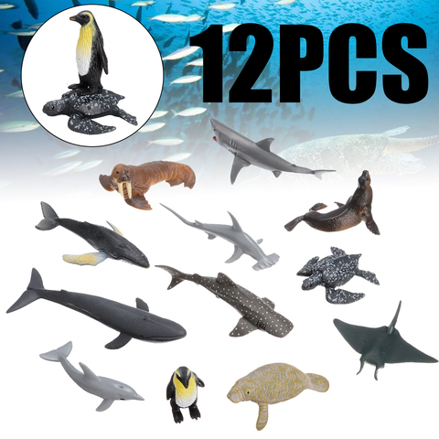 Ensemble d'animaux, Simulation de la vie marine, 12 pièces, requin baleine, tortue, crabe, dauphin, jouet d'action, jouets éducatifs pour enfants ► Photo 1/6