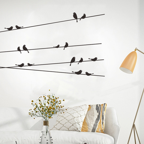 Autocollants muraux en PVC avec oiseaux noirs sur le fil, étiquette artistique pour chambre d'enfant, décalcomanie ► Photo 1/6