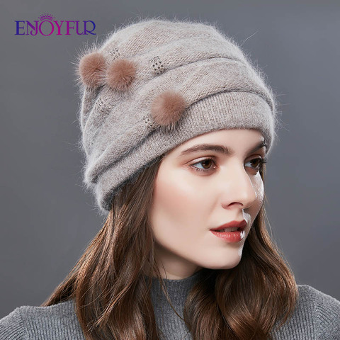 Joyfur-bonnet tricoté en cachemire pour femmes, bonnet naturel à rayures en  vison, pour fille, chaud, pour l'extérieur, nouvelle marque, hiver -  Historique des prix et avis