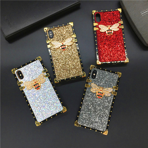 Luxe Glitter Carré Couverture de Téléphone Abeille pour Samsung Galaxy S20 Ultra S10 Plus S8 S9 S21 Plus Note 20 10 9 8 J4 J6 A50 A51 A71 ► Photo 1/6