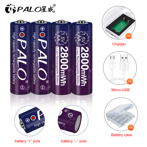 PALO 2800mWh 1.5v AA batterie rechargeable li-polymère li-ion polymère lithium AA 1.5V batterie + USB chargeur intelligent et étui de batterie ► Photo 1/6