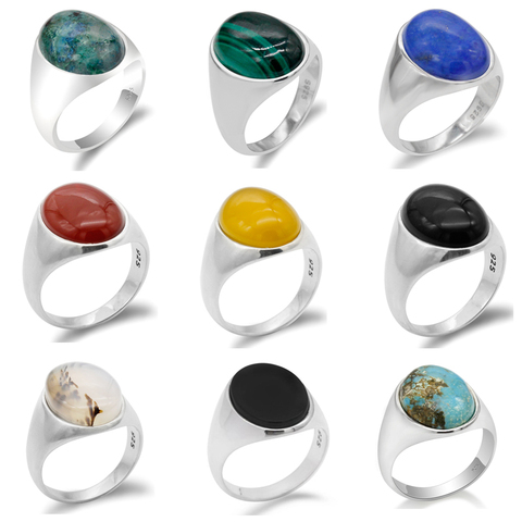 Bague en argent Sterling 925 pour homme et femme, bijou Simple en pierre Turquoise/Lapis Lazuli/Agate/Malachite/Onyx/phénix, à offrir en cadeau ► Photo 1/6