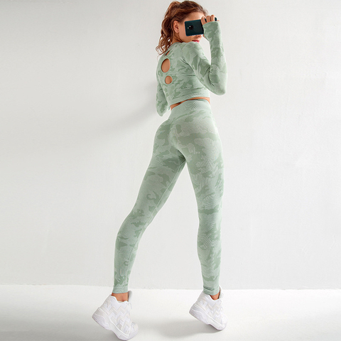 Ensemble de Yoga pour femmes, vêtements de Sport 2 pièces, Leggings de Fitness, chemises à manches longues, Camouflage ► Photo 1/6