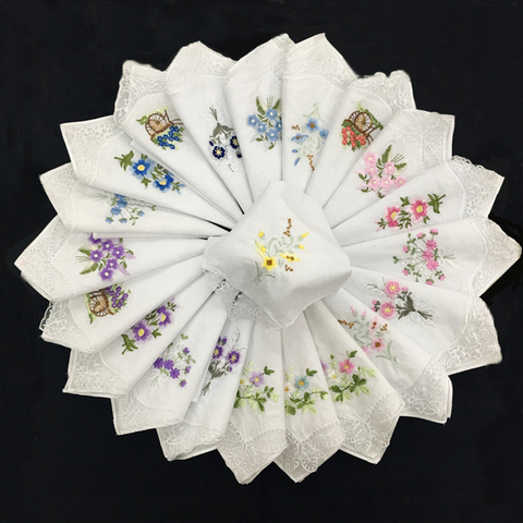 12 pièces classique 100% coton beaux mouchoirs femmes lavable poche brodé dentelle Hankie serviette Lot 28x28cm ► Photo 1/6