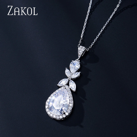 ZAKOL Shinny goutte d'eau CZ zircone feuille pendentif colliers pour les femmes mode anniversaire mariée mariage bijoux FSNP2109 ► Photo 1/6