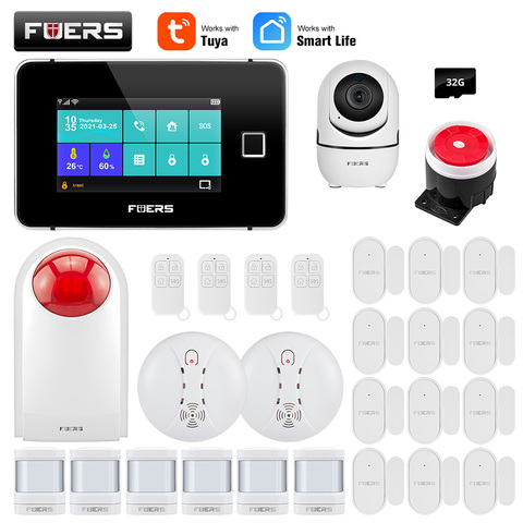 FUERS – système d'alarme de sécurité domestique intelligent, Tuya, wi-fi, GSM, écran tactile, affichage de la température et de l'humidité, empreinte digitale, 433MHz, sirène de contrôle ► Photo 1/6