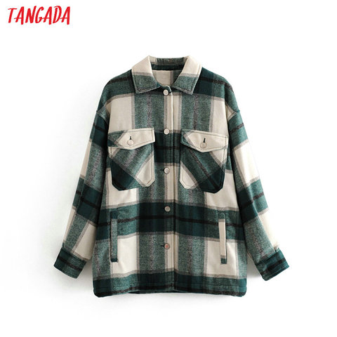 Tangada 2022 hiver femmes vert plaid Long manteau veste décontracté de haute qualité chaud pardessus de mode longs manteaux 3H04 ► Photo 1/5