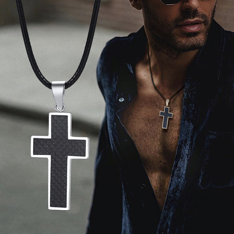 Collier en FIBER de carbone noir pour homme, pendentif, croix latine, bords en acier inoxydable, bijoux ► Photo 1/6