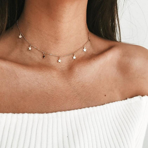 Collier pendentif étoile en acier doré, pendentif en acier inoxydable pour femme, bijoux choker 40 + 5cm, 2 pièces/lot ► Photo 1/6