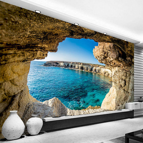 Papier peint Mural auto-adhésif imperméable | Peinture murale 3D grotte paysage de mer, autocollant Mural amovible pour salon salle de bain ► Photo 1/6