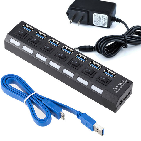 Répartiteur USB 3.0 à 4 ou 7 Ports, HUB marche/arrêt avec adaptateur secteur, Hub USB à haute vitesse ► Photo 1/6