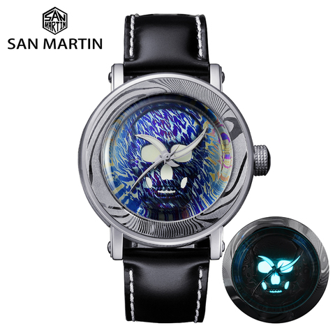 San Martin plongeur limité crâne damas acier de luxe SW200 hommes montre mécanique automatique transparent boîtier arrière cuir lumineux ► Photo 1/6