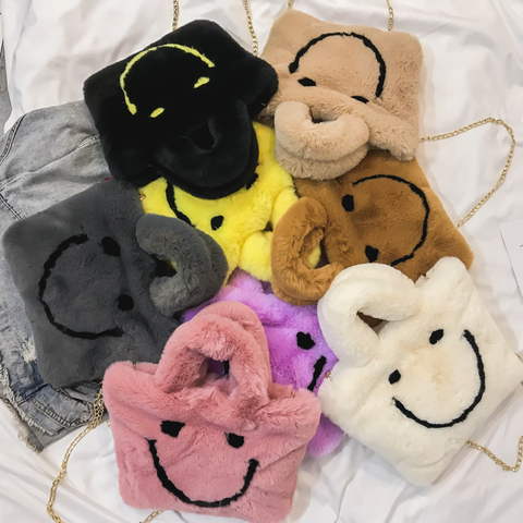 Femmes en peluche smiley sac à main boucle sac à bandoulière mignon doux dames chaîne en fausse fourrure sac femme fête petite copine cadeau de noël ► Photo 1/6