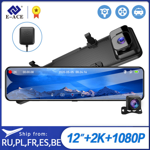 E-ACE A45 12 pouces tactile voiture DVR 2K miroir Dash Cam enregistreur automatique Dashcam double lentille support GPS 1080P caméra arrière ► Photo 1/6