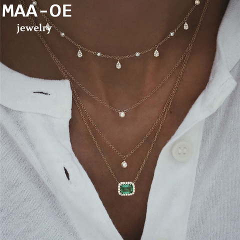 Colliers multiniveaux en or pour femmes, Vintage, pendentif en pierre verte en cristal, pendentif en goutte d'eau, cadeau de bijoux Boho ► Photo 1/6
