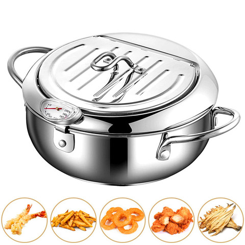 304 acier inoxydable Tempura friteuse Pot avec thermomètre et huile égouttoir couvercle pour poulet frites poisson crevettes huile poêle ► Photo 1/6