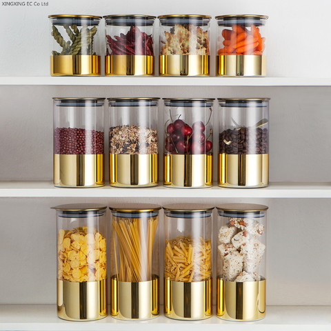 Bouteilles en verre Transparent doré, bocaux à bonbons scellés avec couvercles pour la maison, bocaux de stockage des aliments, grains de café, pots de thé, et et cuisine ► Photo 1/6