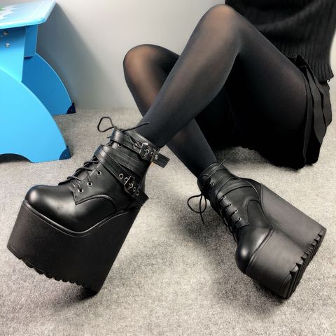 2022 compensées bottines blanc noir caoutchouc semelle chaussures plate-forme bottes femmes laçage automne plate-forme talons chaussures talon 16 cm ► Photo 1/5