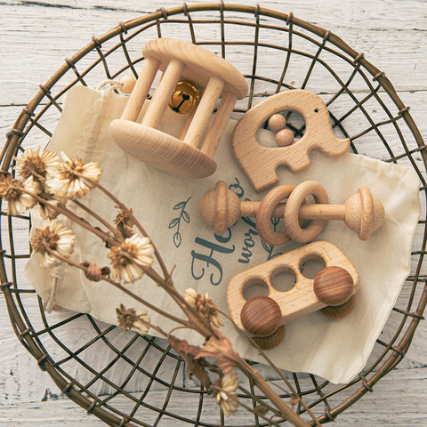 Ensemble de hochets en bois de hêtre pour bébé de 0 à 12 mois, jouets de voiture, anneau de dentition, cloche de lit, pour l'apprentissage des dents, jouets animaux en bois ► Photo 1/6