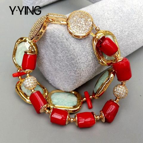 Y-ying naturel vert Amazonite rouge corail Rectangle brin Bracelet 8.5