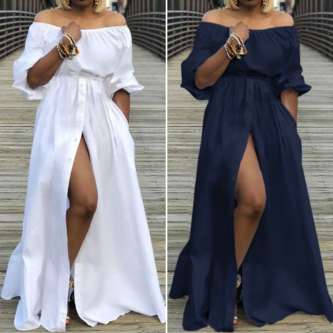 Sexy haute fendue Maxi robe Celmia femmes hors épaule longue robe décontracté en vrac solide grande taille été taille haute bouton robe d'été ► Photo 1/6