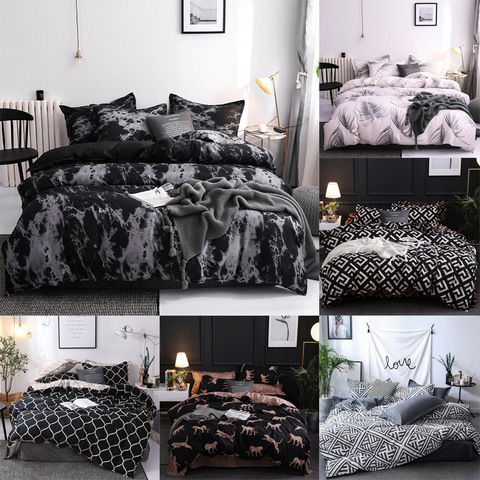 Literie Simple housse de couette taie d'oreiller trois pièces ensemble de literie avec taie d'oreiller Simple Double couette noir housse de couette ► Photo 1/6