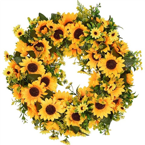 Couronne d'été de tournesol artificiel-couronne de fausse fleur décorative de 16 pouces avec tournesol jaune et feuilles vertes pour porte d'entrée I ► Photo 1/6