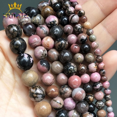 Pierre naturelle en Rhodonite noire, perles rondes et amples en dentelle, pour la fabrication de bijoux et boucles d'oreilles Bracelet à bricoler soi-même, accessoires 15 