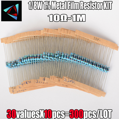 Kit de résistances à Film métallique, anneau de couleur, résistance 10R-1MR, ensemble assorti de 30 valeurs, 300 pièces, 1/8W 1% 10 ohm - 1M ohm 0.125W ► Photo 1/1