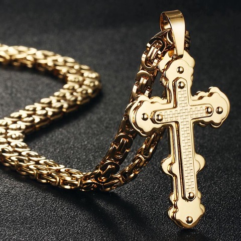 Colliers avec pendentif en croix pour hommes, bijoux gothiques en acier inoxydable, de couleur or et argent, chaînes byzaines ► Photo 1/6