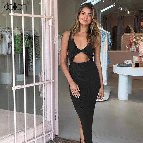 KLALIEN – robe longue en maille côtelée noire, sexy, dos nu, simple, tenue de bureau, streetwear, vêtements décontractés pour femmes, printemps été ► Photo 1/6