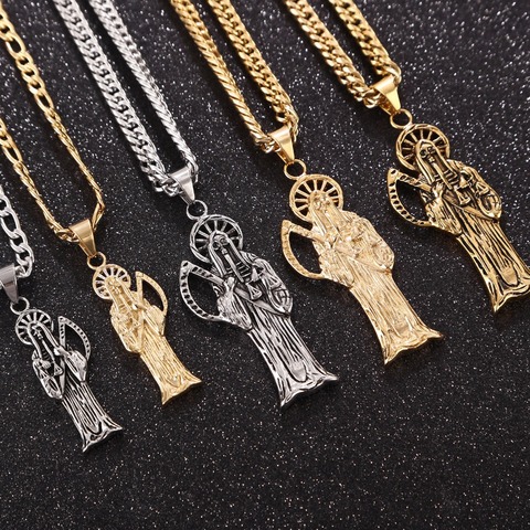 316L acier inoxydable Saint mort Santa Muerte pendentif avec 9MM chaîne hommes collier ton or bijoux à bricoler soi-même faire des cadeaux ► Photo 1/5