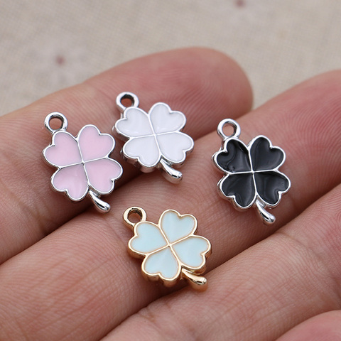 Breloques feuilles de trèfle rose en émail plaqué argent, pendentifs pour la fabrication de bijoux, Bracelet, collier, boucles d'oreilles, artisanat fait à la main, 6 pièces ► Photo 1/6