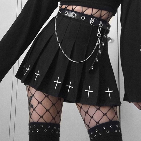 Noir taille haute Mini jupes Punk plissé Vintage jupe gothique Streetwear croix imprimé plissé femmes jupes Lolita Harajuku jupe ► Photo 1/6