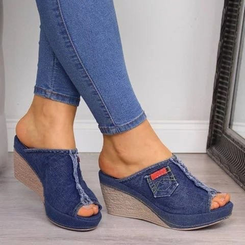 2022 été nouveau femmes talons hauts mode Denim pantoufles femmes talon compensé plate-forme chaussures en plein air plage sandales dames pantoufles ► Photo 1/6