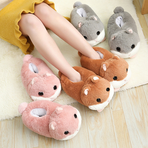 Millffy mignon chaud Hamster pantoufle rose marron gris maison étage doux animaux pantoufles femme pantoufle filles hiver chaud chaussures ► Photo 1/6